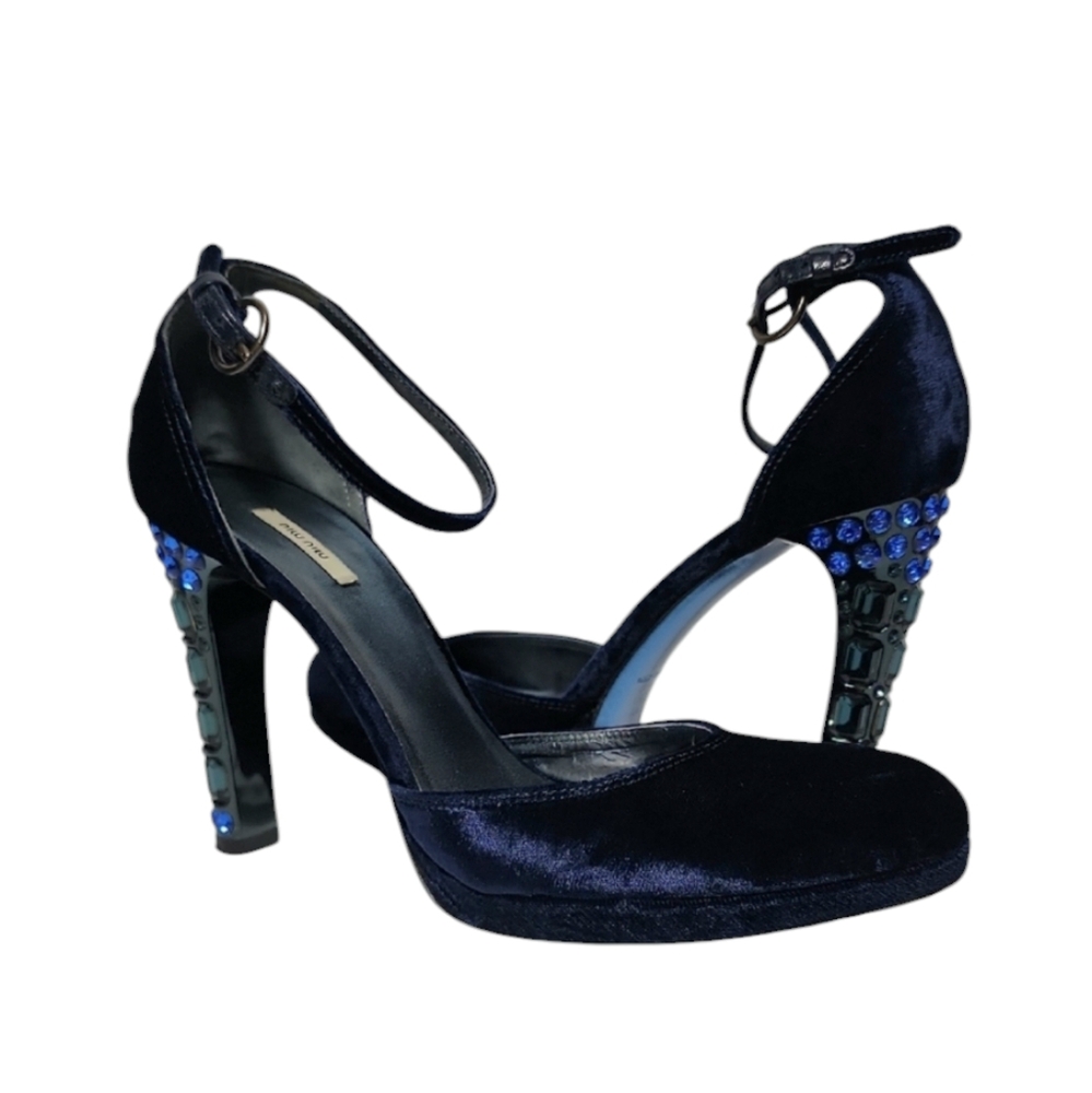 Miu Miu Velvet‎ Blue Crystal Embellishments D'Orsay Pumps Women's Size 36 1/2